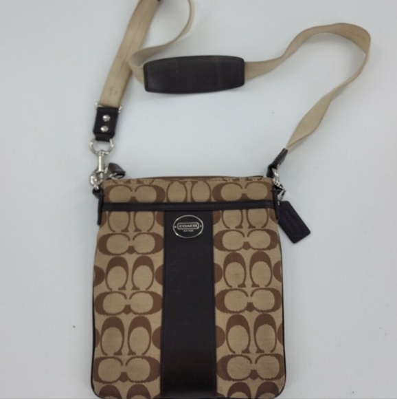 Coach "Legacy Signature Stripe Swingpack" Crossbody Bag Khaki Brown Purse! - Picture 1 of 11